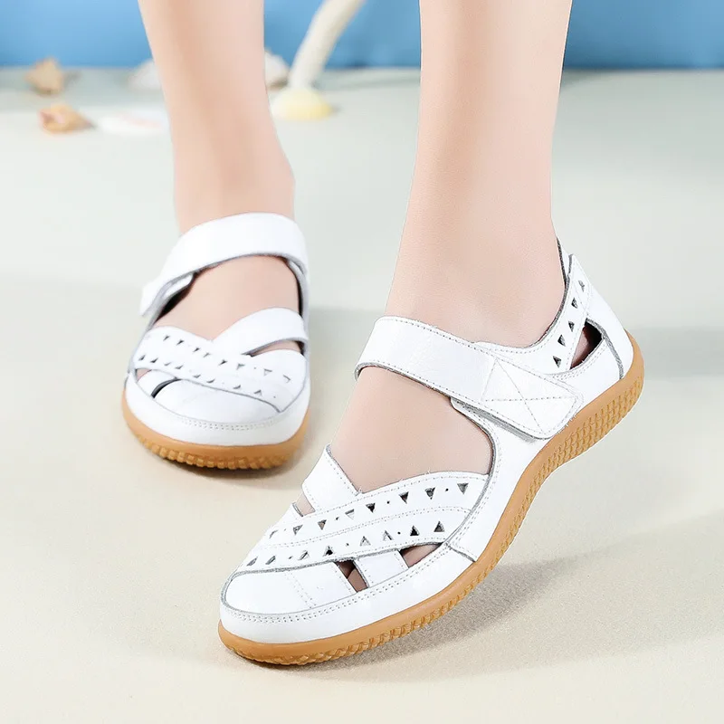 Women shoes women sandals WOIZGIC female women mother genuine leather hollow white shoes sandals flats loafers summer cool beach plus size 41 42