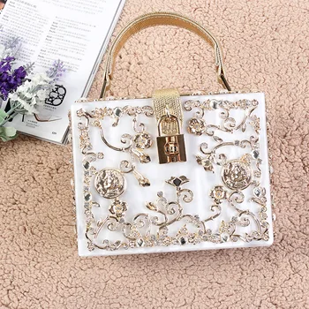 

Fashion women gold diamond relief Acrylic Ballot lock luxury handbag evening bag clutch for party purse