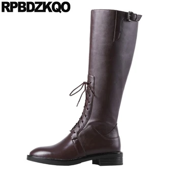 

side zip boots autumn brown knee high tall round toe low heel casual chunky winter genuine leather women shoes lace up long fur