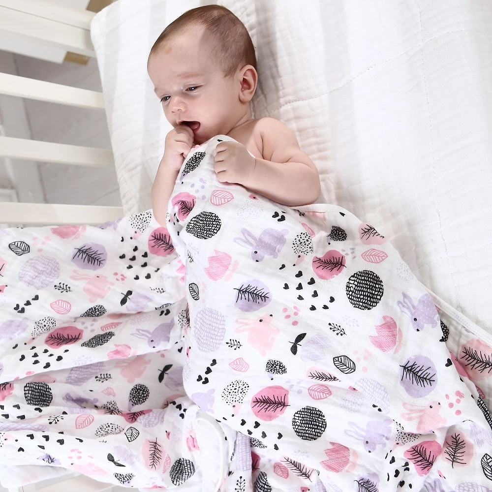 

Cute Rabbit Print Baby Swaddle Blanket Girl Color Cotton Muslin Baby Bath towels Double Layer Thick Summer Quilt stroller Cover