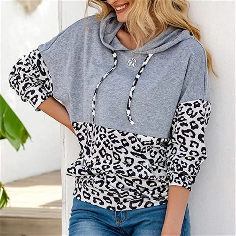 

Oversize Hoodie Women Casual Hoodie Casual Basic Long Sleeve Leopard Print Patchwork Sweatshirt Front Pocket Hooded Pullover Top