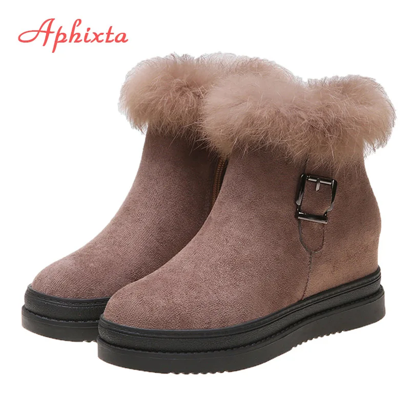 APHIXTA/женские зимние сапоги на платформе, визуально увеличивающие рост; Теплая обувь с хлопчатобумажными стельками; теплые женские ботильоны на натуральном меху на молнии - Цвет: Brown