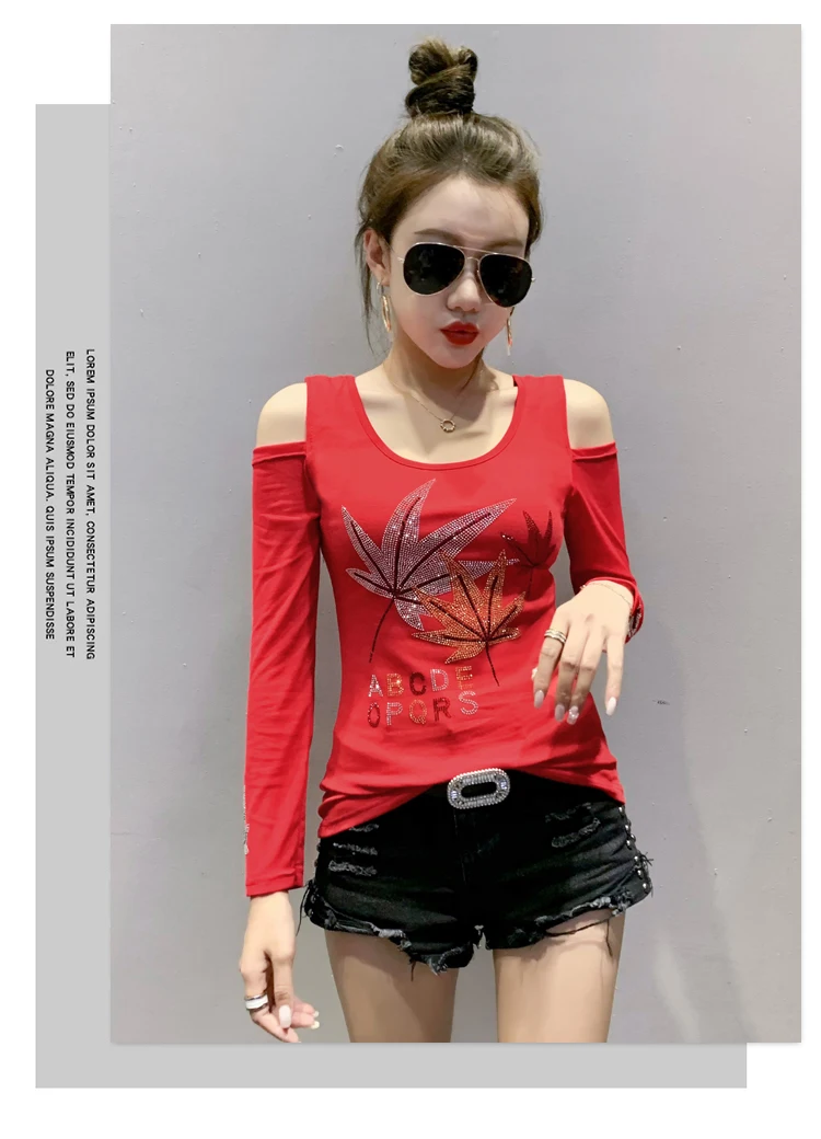 2020 Autumn long sleeve women t-shirt Sexy off the shoulder hot drilling women tops and shirt plus size women clothing