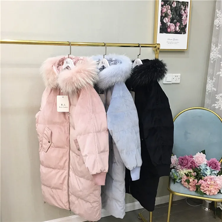 Dongdaemun han ban, свободный крой, средней длины, золотой бархат, толстая, енотовая собака, окрашенная, большой меховой воротник, пуховик, Женское пальто