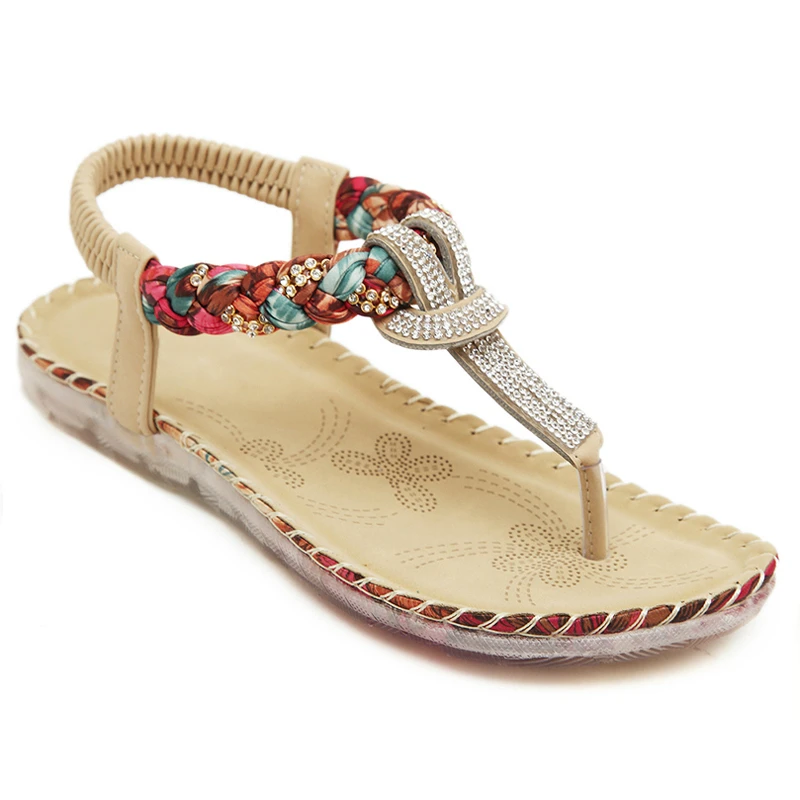 

2018 Summer Bohemia Sandals Shoes Woman Fashion Rhinestone Flower Beach Soft Flat Sandals Elastic Band Big Size 35-42 Flip Flops