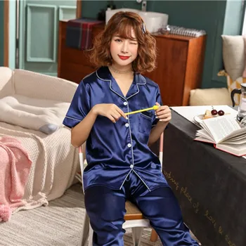 

Plus Size M-5XL Women Pajamas Sets Silk Pajamas For Women Satin Women Silk Pajama Short Sleeve Turn-down Collar Top+Pants x