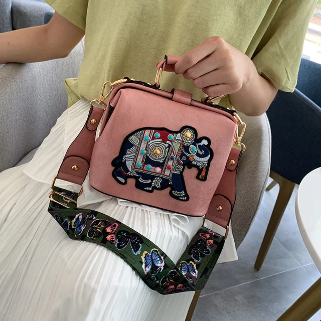 Vintage Embroidery Elephant Bag Bags Wide Butterfly Strap PU Leather Women Shoulder Crossbody Bag Tote Women's Handbags Purses women bag Pink
