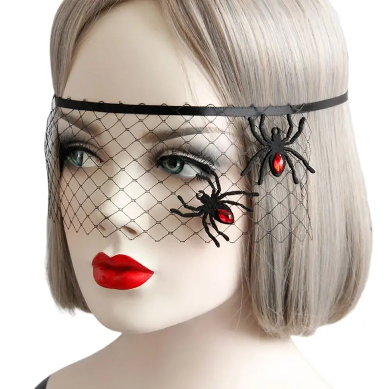 

Women Girls Black Net Yarn Face Mask Spider Resin Diamond Veil Cosplay Decor Kit