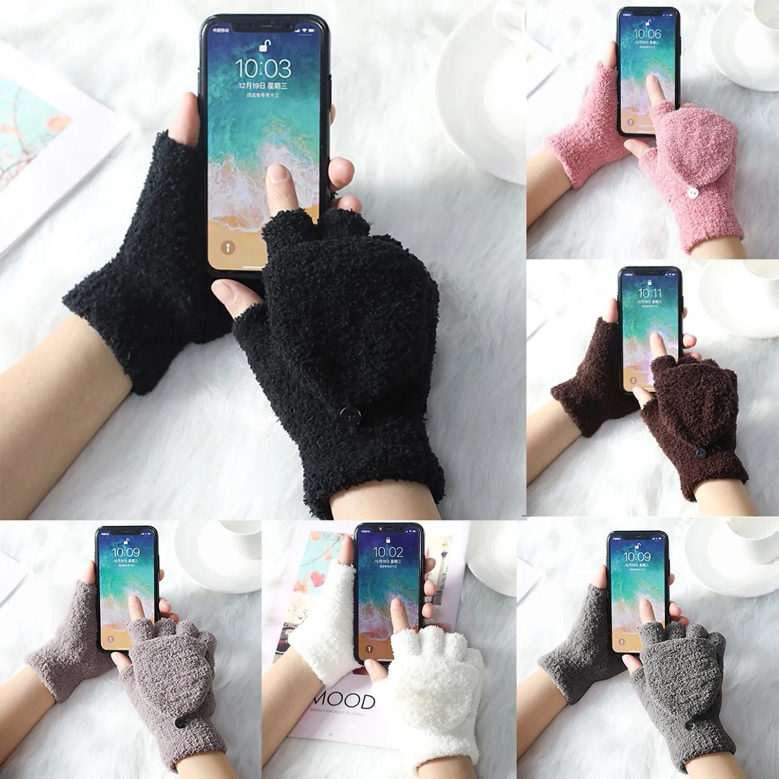 

Half Finger Gloves For Couple With Coral Fleece Can Touch Screen Winter Gloves Cold-Proof Flipped пеѬаки женские Guantes
