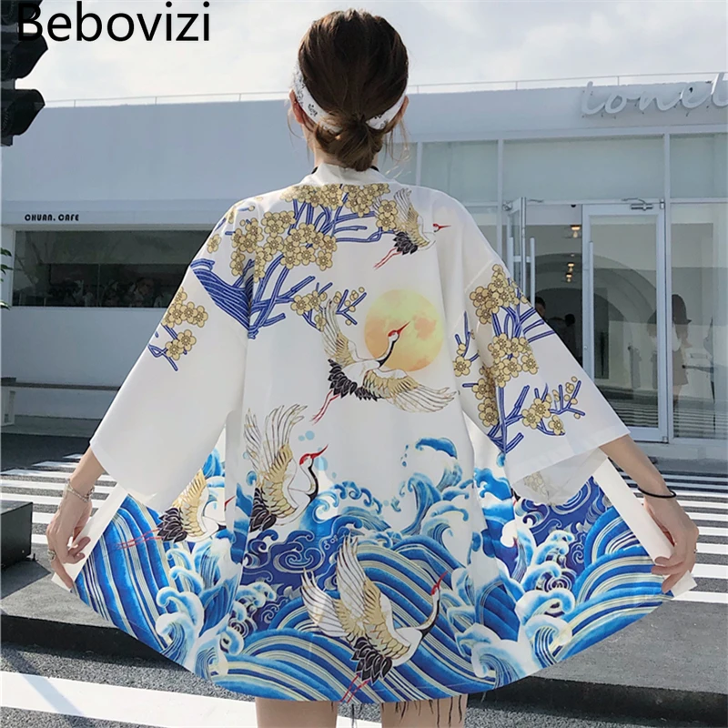 

Bebovizi Crane Kimono Streetwear Cardigan Harajuku Blue Waves Robe Japanese Style Clothes Men Women Cosplay Traditional Jacket
