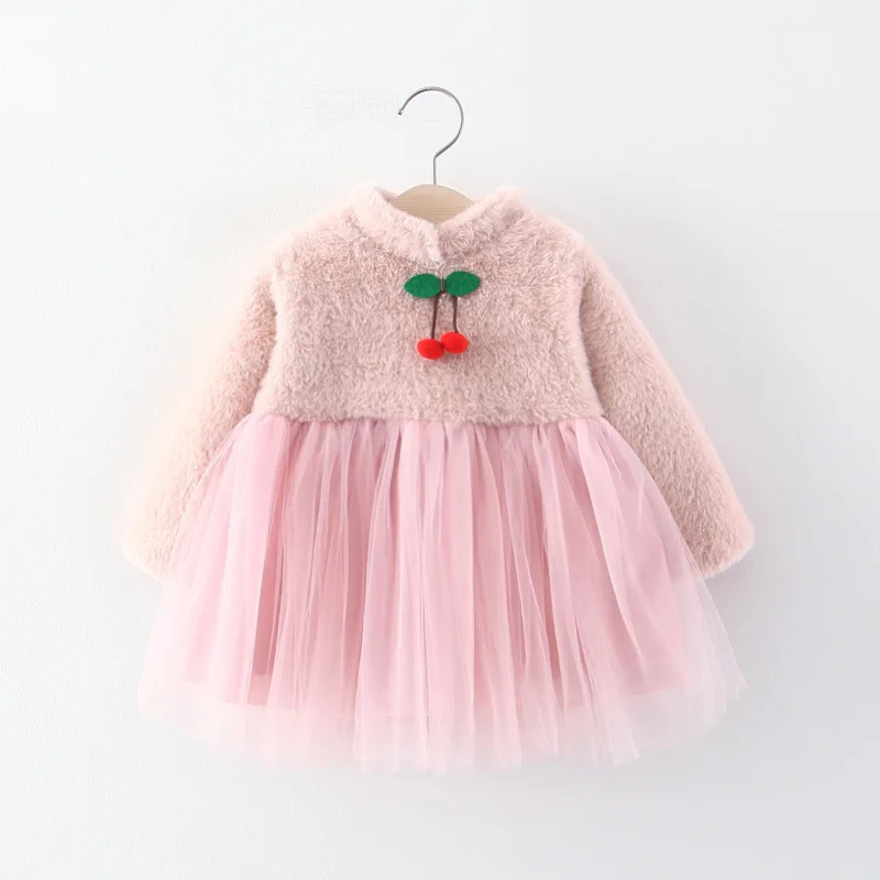 KINE PANDA/платье для девочек элегантные красные платья принцессы для детей зимнее бархатное Новогоднее платье на возраст 1, 2, 3 года одежда для малышей с вишенками