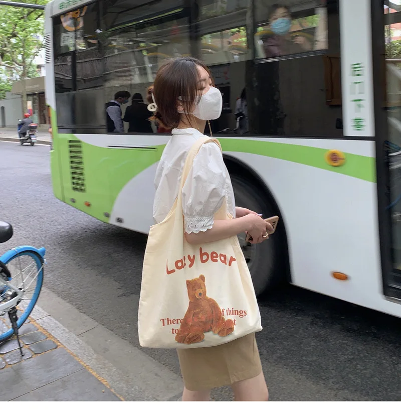 Bolso de hombro de oso perezoso de dibujos animados para mujer, bolsa de mano lona de algodón Ins coreano, bolso de compras ecológico reutilizable - AliExpress Maletas y bolsas