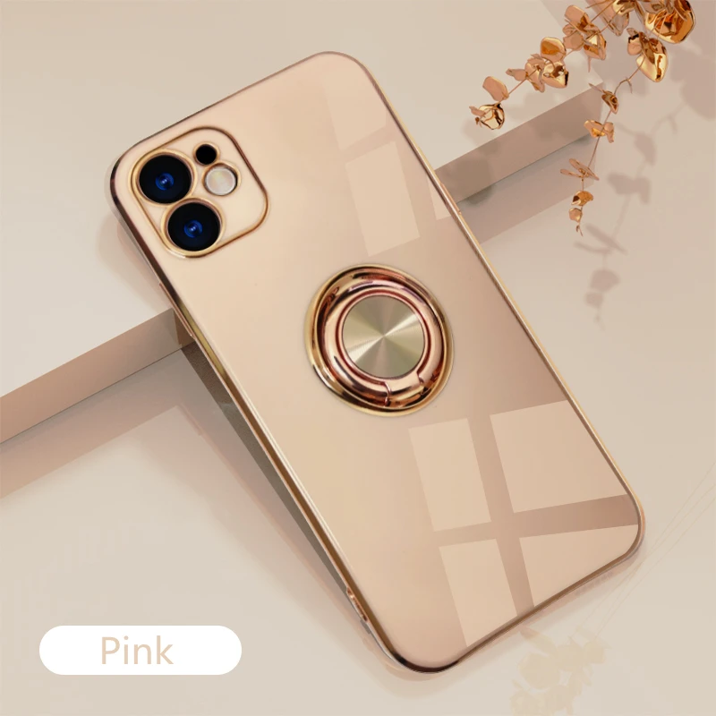 thumbnail image 1 of Luxury Plating Silicone Case For iPhone 15 14 13 12 11 Pro Xs Max Mini SE X XR 7 8 Plus Metal Ring Holder Stand Soft Phone Cover, 1 of 5