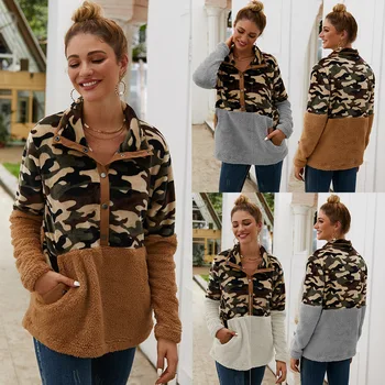 

Womens Autumn Winter Casual long Lady camouflage Spliced Plush hoody Plush lap coat outerwear hoodies top clothes