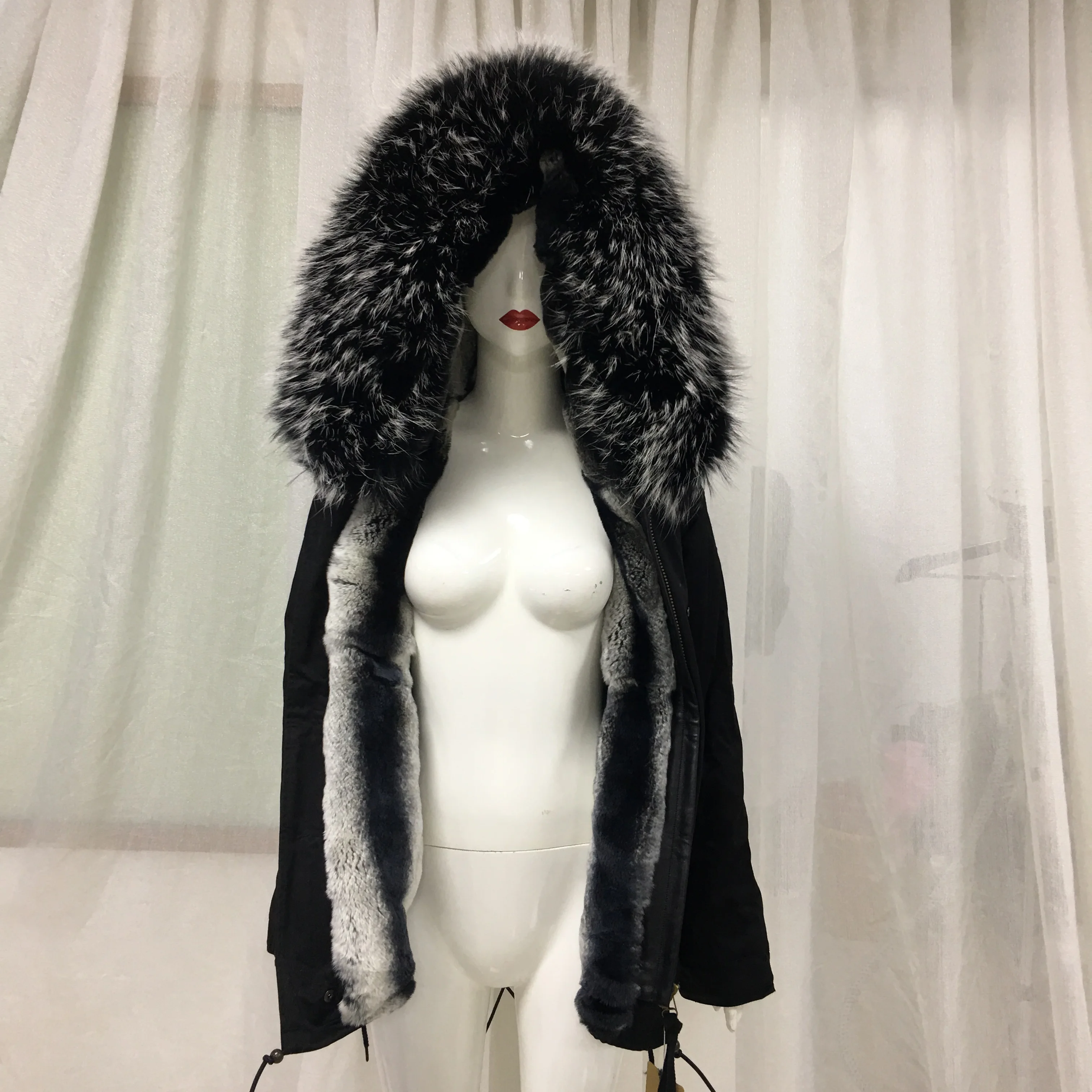 Special Price Fashionable Black Parka Rex Rabbit Cute Design Short Mini Length With Pocket Special Price Fashionable Black Parka Rex Rabbit Cute Design Short Mini Length With Pocket