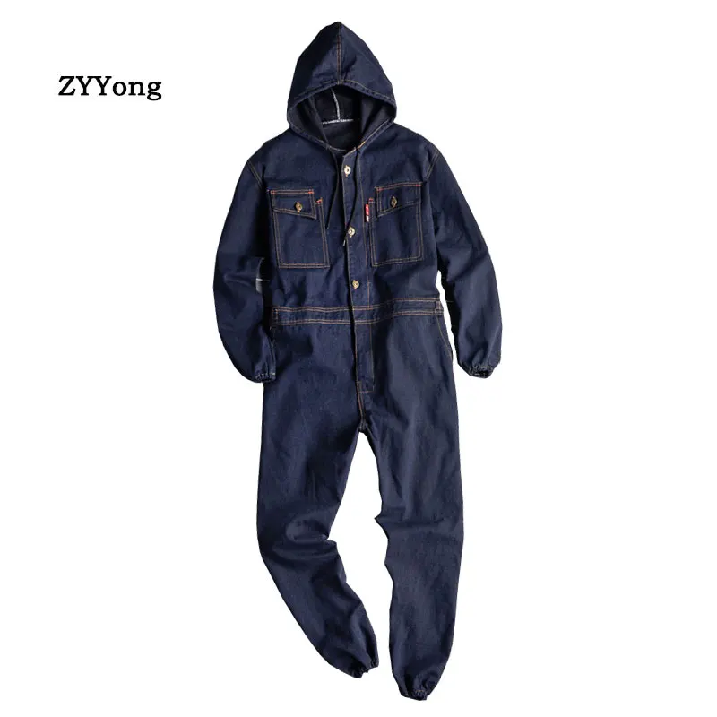 Man Jeans Jumpsuits Bib Overalls Long Sleeve Hooded Beam Feet Denim Cargo Streetwear Hip Hop Trousers Fashion Leisure Pants