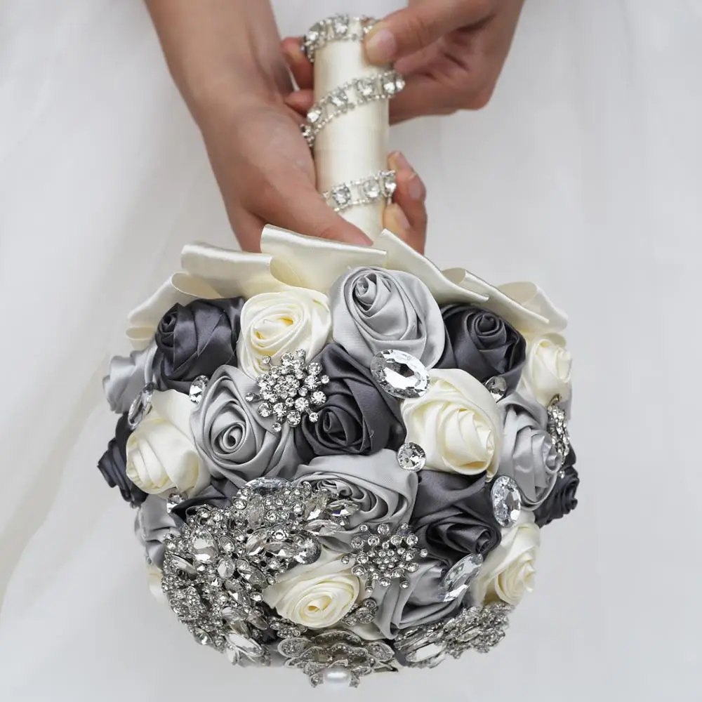 20cm Artificial Wedding Brooch Bouquet Handmade Satin Flowers Rhinestone Crystal Bridesmaid Bridal Bouquet De Mariage W375