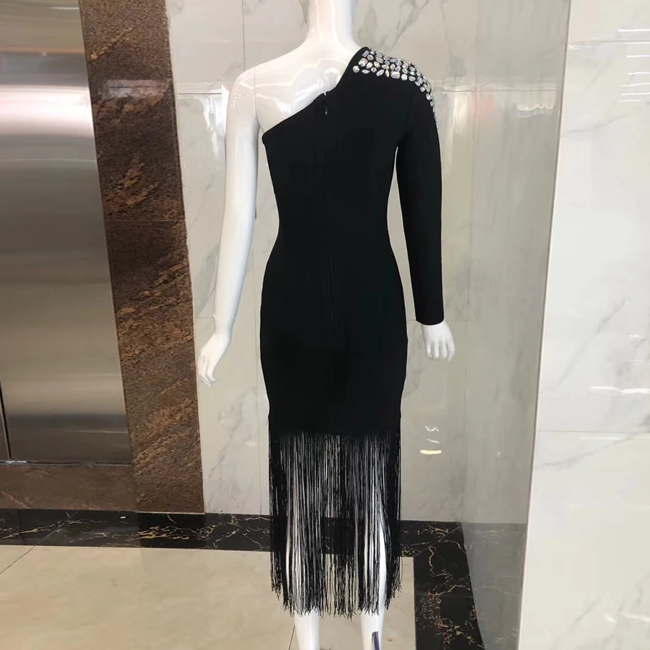 Wholesale 0JDRt 2020 New Winter Women's Bandage Dress Sexy One Shoulder Long Sleeve Beaded Tassel Midi Runway Party Dress Vestidos