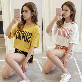 

2019 New summer Women sets print T shirts + shorts 2 piece set Female Casual sweat suits