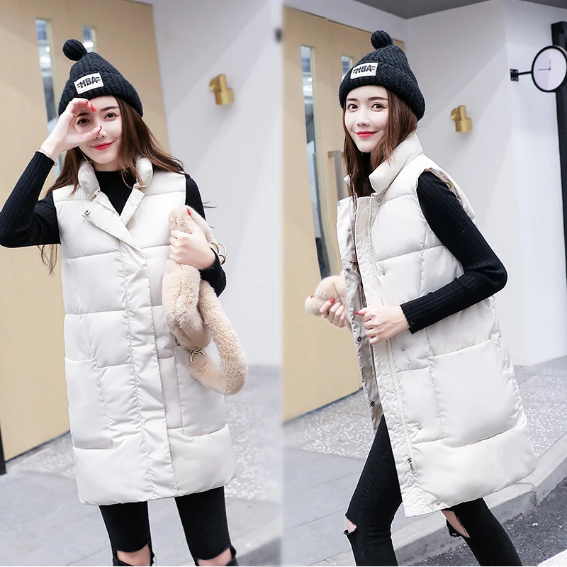 

Women's vest Winter long sleeveless waistcoat Casual solid stand collar big pocket long zipper cotton padded Vest jacket coat