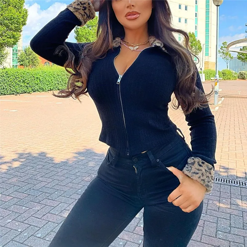 

Autumn Sexy New Long-sleeved Leopard Plush High Street Personality Leopard Zip Lapel Stitching Short Slim Sweater Warm Winter