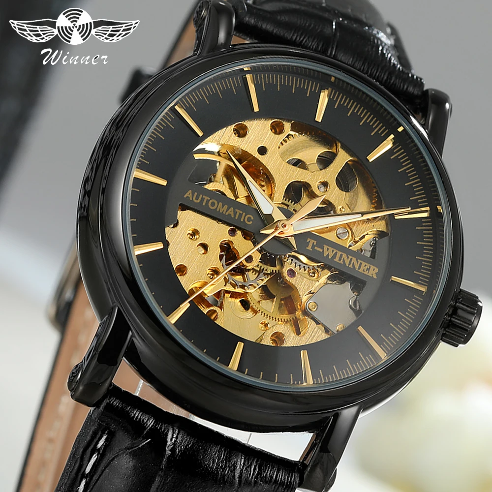 

2019 Fashion New Design WINNER Skeleton Watch Men Automatic Mechanical Movement Watch Leather Wristawatches