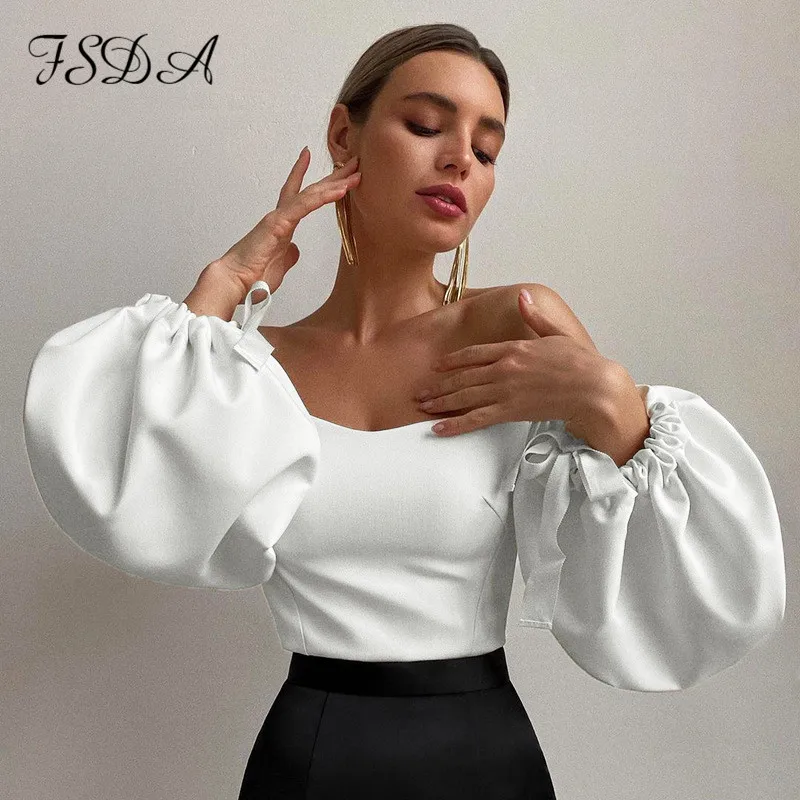 Женская офисная блузка FSDA белая Элегантная с длинными рукавами-фонариками и
