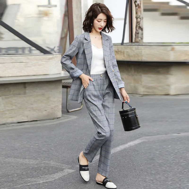 

Women Clothes Plaid Small Suit Female Temperament Lattice Double-breasted Korean Fashion Professional Leisure Two-piece Suit