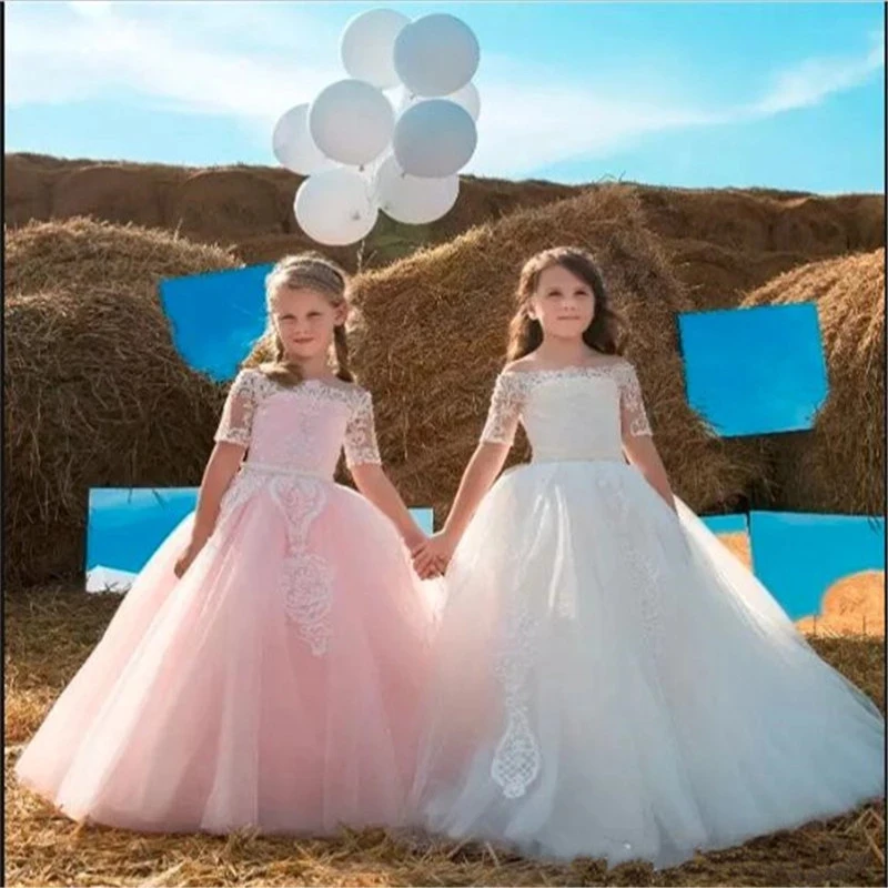 

New Pink Flower Girl Dresses For Wedding A Line Beads Toddler Pageant Gowns One Shoulder Birthday Dress for Girl