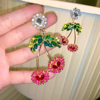 

MENGJIQIAO New Korean Full Crystal Cherry Drop Earrings For Women Students Elegant Pearl Holiday Pendientes Mujer Moda Jewelry