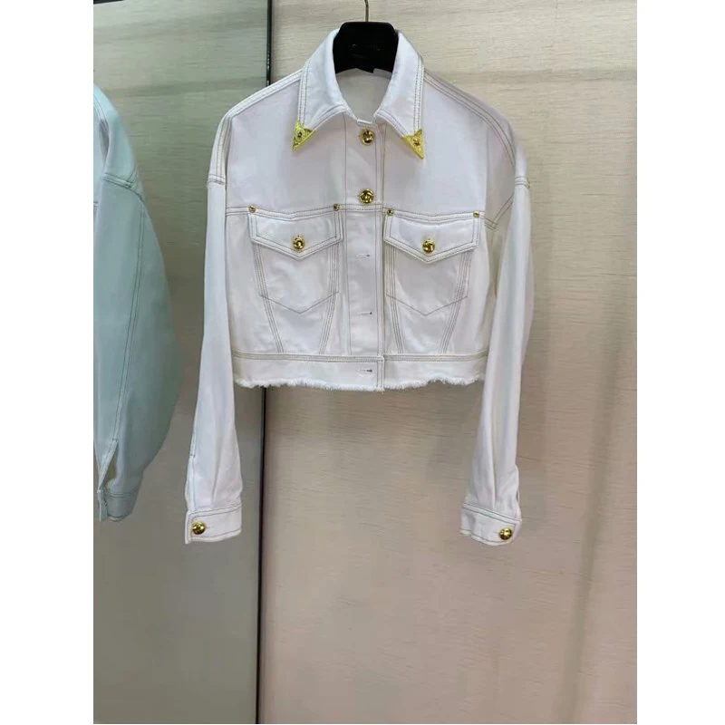 

9.8 2019 Autumn Winter New women Turn-down collar single breasted white denim jacket coat