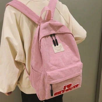 

Cute Letter Printed Backpack Women Pink Corduroy School Bag Teenage Girl Harajuku Female Backpack New Kawaii Lady Luxury Mochila