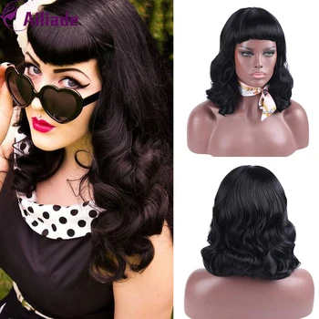 

AILIADE 2020 Short Wavy Synthetic Retro Style Wigs With Curly Bangs Rockabilly Vintage Wigs Black Color For Women Daily/Cosplay