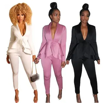 

Autumn Winter Solid Color 2 Piece Set Women Deep V-neck Ruffles Tops and Pencil Pants Suit Two Piece Set Elegant Tracksuit