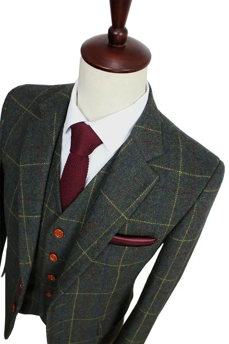 Wool Blend Ckeck Tweed Men Wedding Suit Groom Tuxedo Suit Blazers Retro Tailor