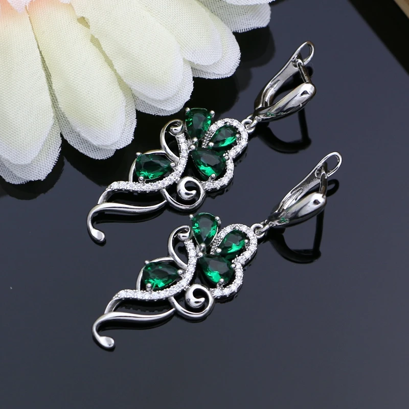 925 Серебряный ювелирный набор из Дубаи, зелёный циркон бусины костюм для Для женщин камни листья серьги кольца Цепочки и ожерелья, дропшоппинг