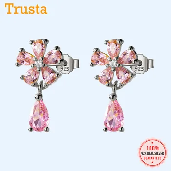 

Trustdavis Genuine 925 Sterling Silver Fashion Sweet Dazzling Flower Pink CZ Stud Earrings For Women Wedding Jewelry Gift DS2197