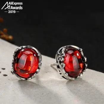 

S925 Fine Jewelry Ruby Stud Earrings Women Handmade Vintage Natural Carnelian Retro Ruby red jasper
