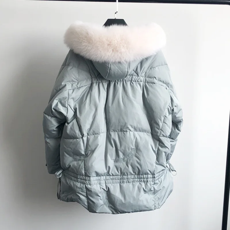 

New Winter Large Natural Fox Fur Hooded Jacket Warm 90% White Duck Down Parka Women Loose Thickness Snow Down Outwear