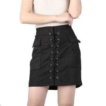 

Women Autumn Lace-up Leather Suede Pencil Skirt 2017 Hot Winter Fashion Cross High Waist Zipper Split Bodycon Short Mini Skirts
