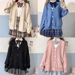 FAKUNTN Japan School Sweater Spring Autumn 100% V-neck Cotton Knitted Sweater JK Uniforms Cardigan Multicolor Cosplay