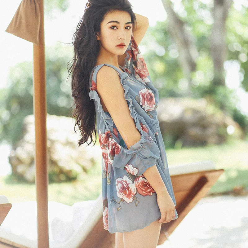 

Qi lu Bathing Suit Women's Summer New Style Elegant Printed Sweet Fashion Underwire Push up Two-piece Swimsuits Three-piece Set