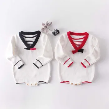 

Infant Newborn Long Sleeve College style stripes Jumpsuit Baby Girls Knitted Bodysuit Baby Spring Autumn Clothing