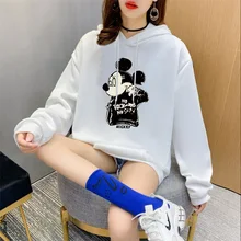 

Mickey Mouse Print Plus Fleece Hooded Sweatshirt Women Harajuku Thick Warm Hoodie Hip Hop Disney Anime Hoodies 90s Aesthetic