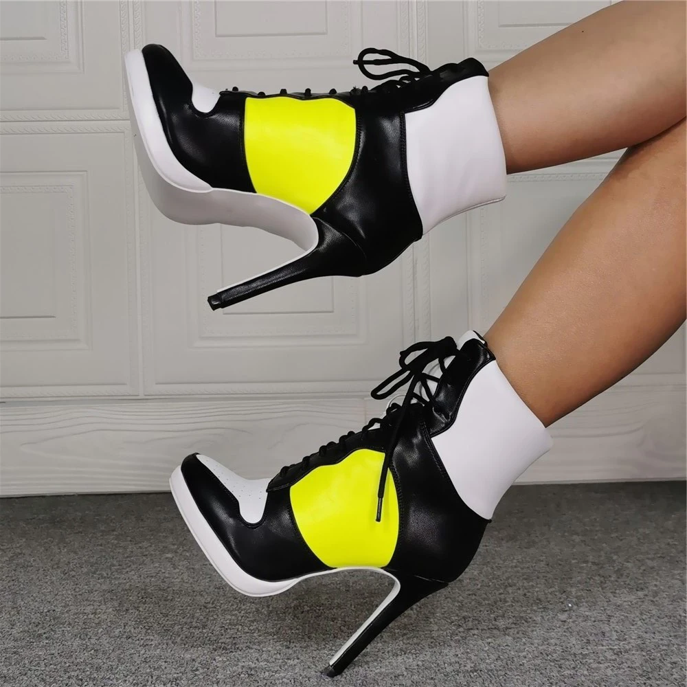 Kolnoo Real Photos Handmade Ladies High Heel Boots Patchwork Leather Sport-Style Crisscross Lace-Up Ankle Boots Fashion Shoes