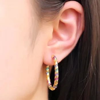 

UMGODLY Fashion 1PC Earring Yellow Gold Color Single Multicolor Zirconia Stripes Oval Hoop Mono Earring Women Jewelry