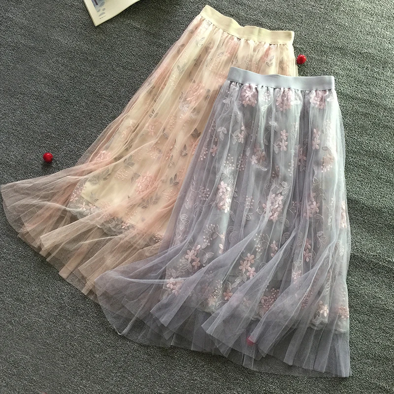 New Elegant Flower Embroidery Multilayer Mesh Pleated Skirt Half length Skirt A Style