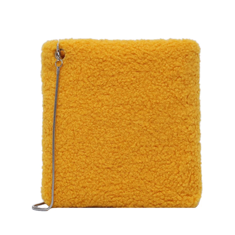 Winter fashion faux fur mini square bag luxury brand soft ladies plush warm small Messenger bag metal chain tote bag coin bag - Цвет: Цвет: желтый