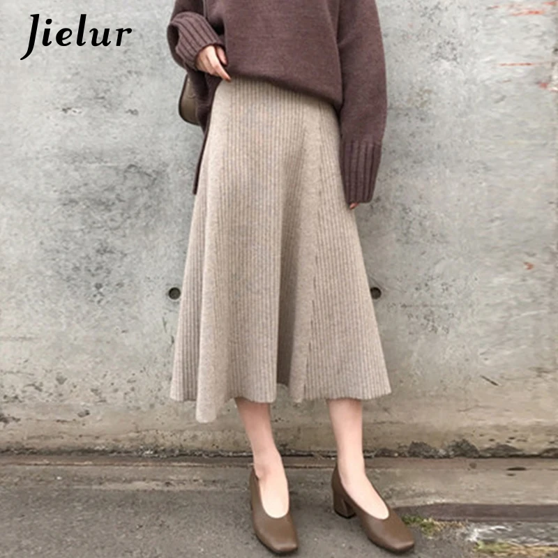 Jielur зимняя абрикосовая черная вязаная юбка для женщин модная новинка эластичная высокая талия длинные юбки для женщин свободные плиссированные юбка леди