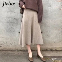 Jielur зимняя абрикосовая черная вязаная юбка для женщин модная новинка эластичная высокая талия длинные юбки для женщин свободные плиссированные юбка леди